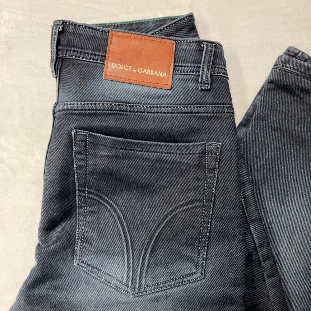Dolce & Gabbana Straight Jeans Mens 30x28 Faded Dark Wash Leather Logo Patch